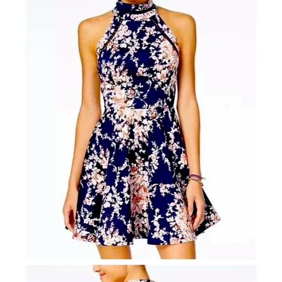Navy Blue Floral Fit And Flare Halter Dress - Picture 1 of 8